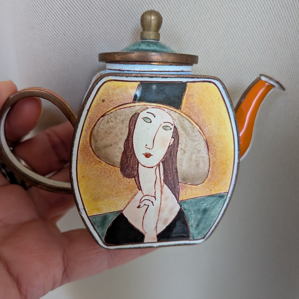Kelvin Chen Modigliani Lady With Hat Miniature Teapot Enamel/Metal Signed